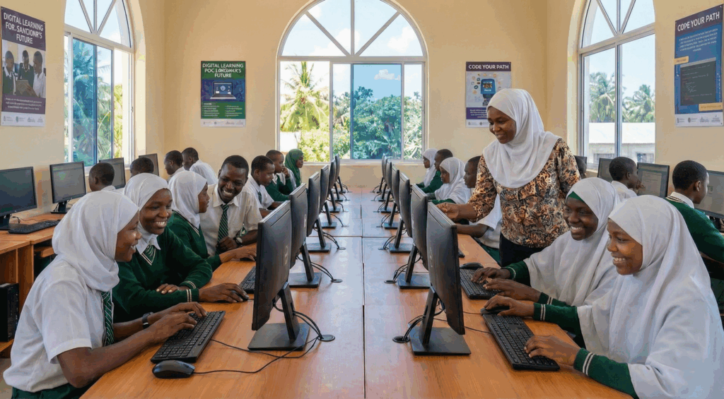 Students at Bwefum Secondary School in Zanzibar using desktop computers in a bright ICT lab, guided by their teacher.